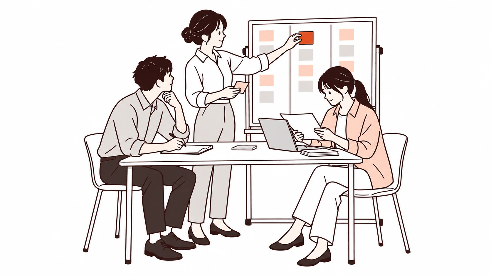 ボードを囲み、進め方を話し合うチームのイラスト